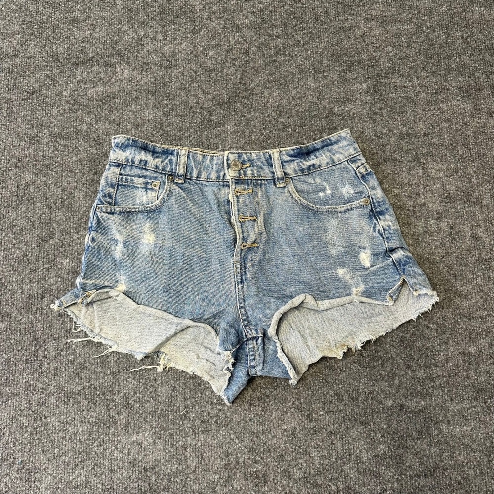 Jennyfer Shorts Womens Size 26 Blue Distressed Denim High Waisted Button Fly Raw